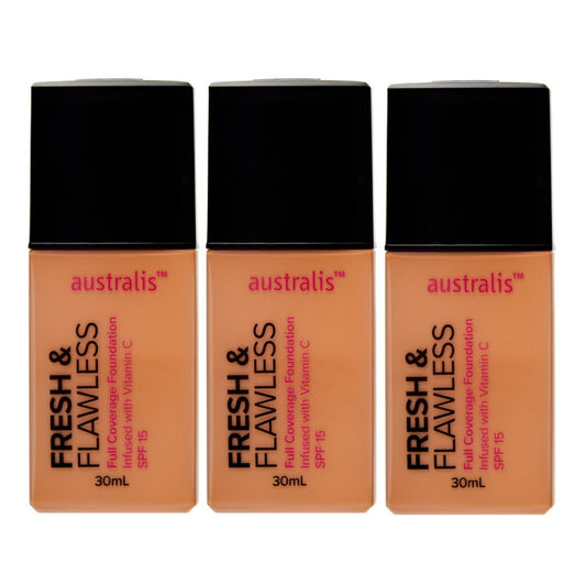 3x Australis Fresh & Flawless Full Coverage Foundation SPF 15 Sunkissed