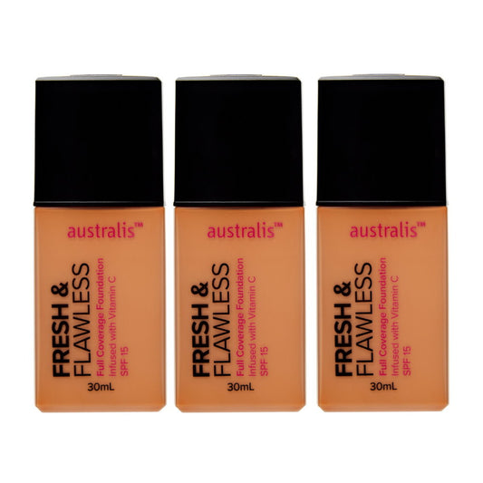 3x Australis Fresh & Flawless Full Coverage Foundation SPF 15 Tawny