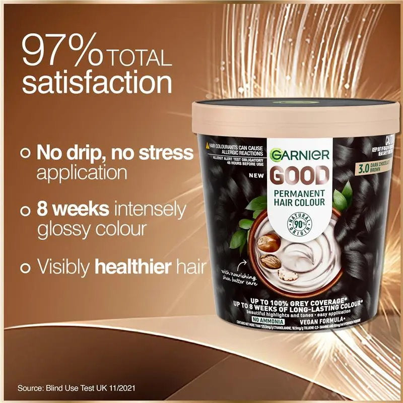 3x Garnier Good Permanent Hair Colour 3.0 Dark Chocolate Brown