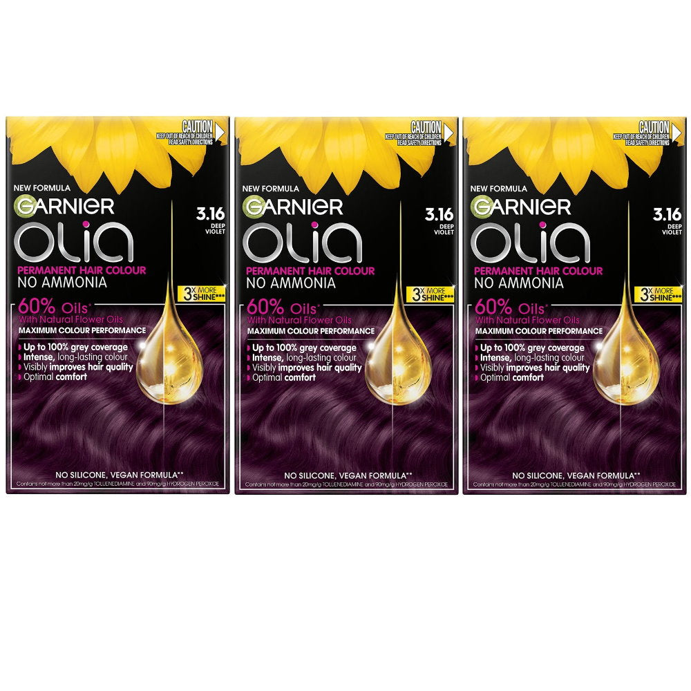 3x Garnier Olia Permanent Hair Colour 3.16 Deep Violet