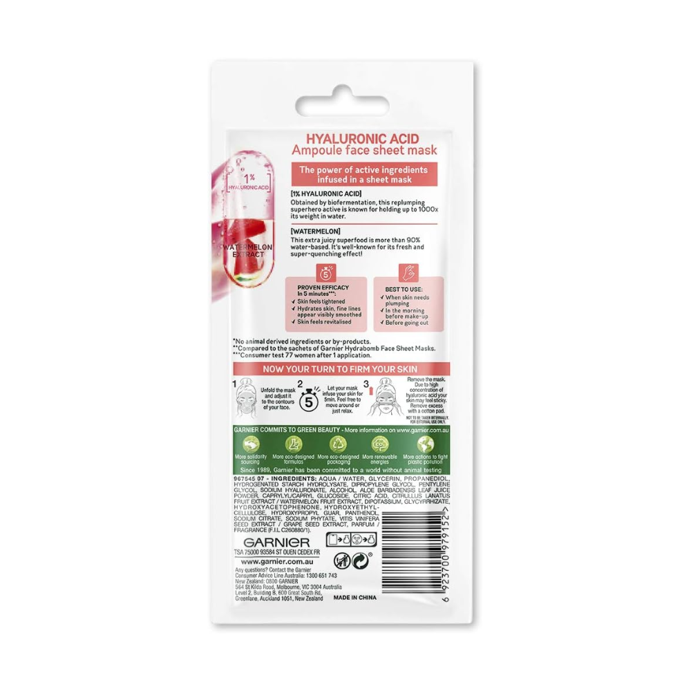 Garnier Skin Active Hyaluronic Acid Ampoule Face Sheet Mask Watermelon Extract 15g