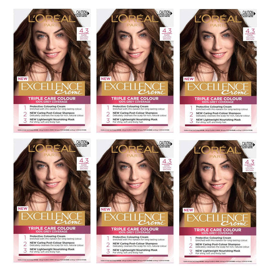 6x L'Oreal Paris Excellence Creme Permanent Hair Colour 4.3 Dark Golden Brown