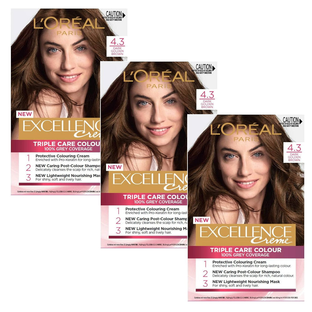 3x L'Oreal Paris Excellence Creme Permanent Hair Colour 4.3 Dark Golden Brown