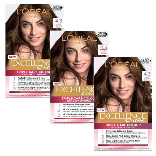 3x L'Oreal Paris Excellence Creme Permanent Hair Colour 4.3 Dark Golden Brown