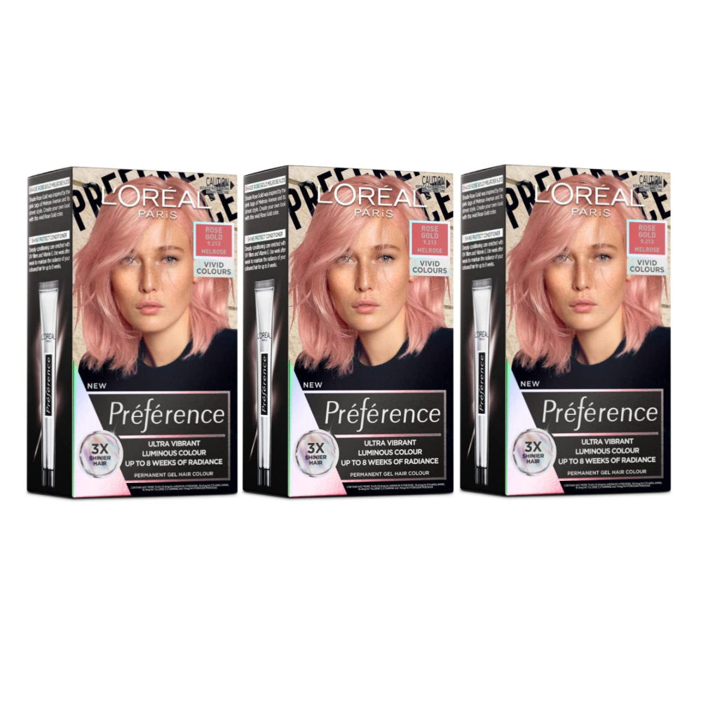 Shop Online Makeup Warehouse -3 x LOreal Paris Preference Vivids Permanent Hair Colour 9.213 Melrose Rose Gold Pink Rose