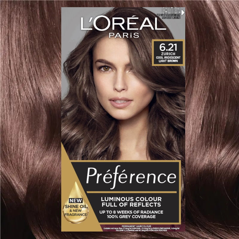 3x L'Oreal Paris Preference Permanent Hair Colour 6.21 Zurich Cool Iridescent Light Brown
