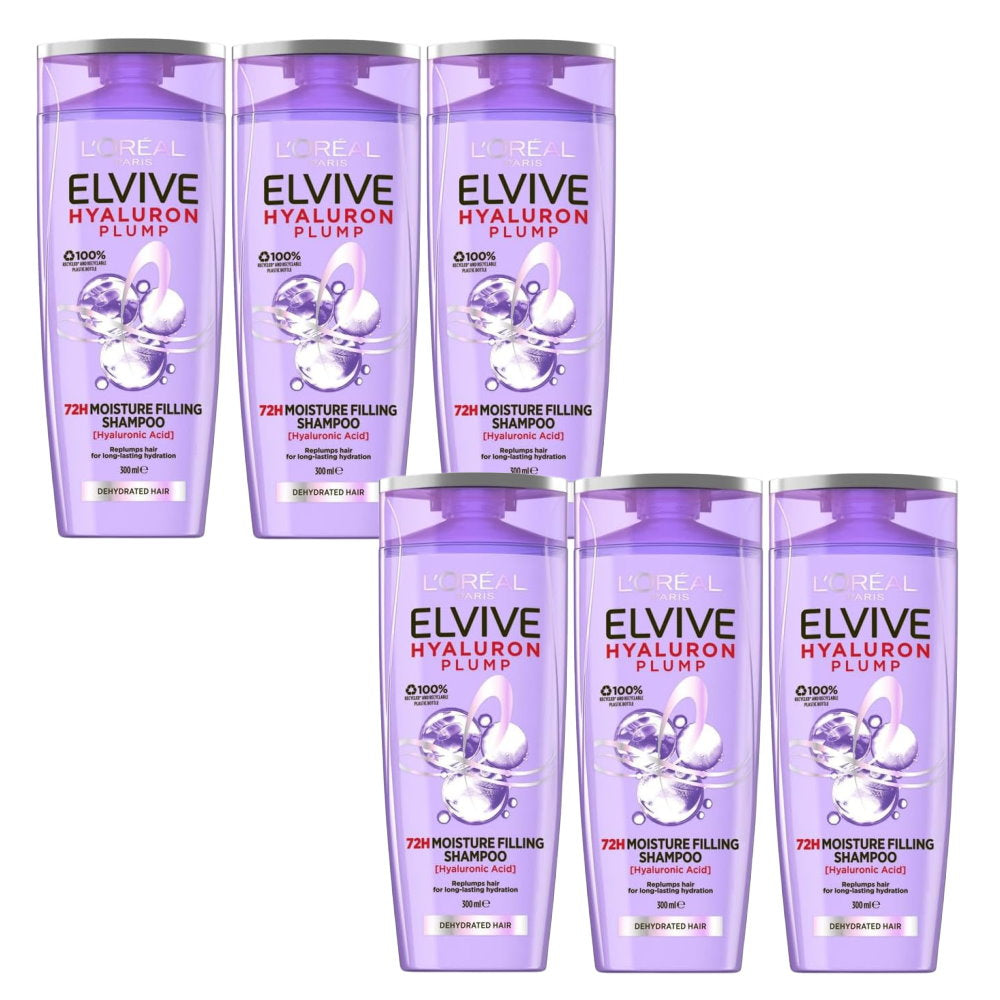 6x L'Oreal Paris Hyaluron Plump Shampoo Dehydrated Hair 300ml