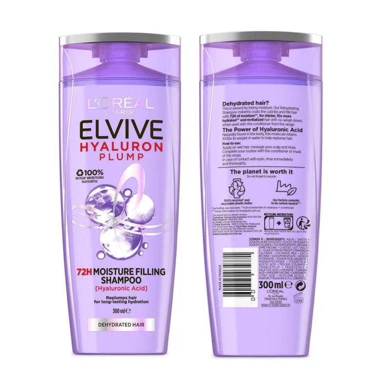 3x L'Oreal Paris Hyaluron Plump Shampoo Dehydrated Hair 300ml
