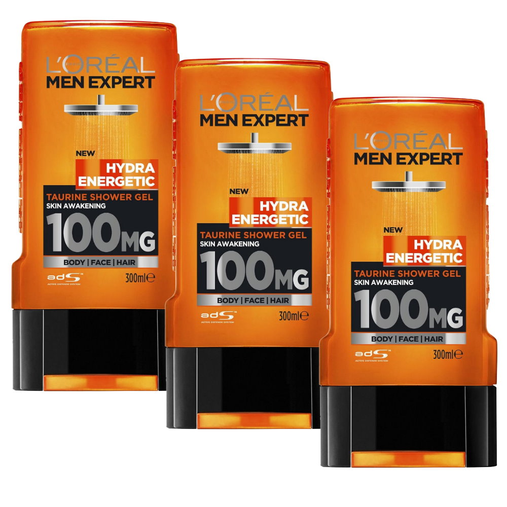 3x L'Oreal Men Expert Hydra Energetic Shower Gel Body Face Hair 300ml