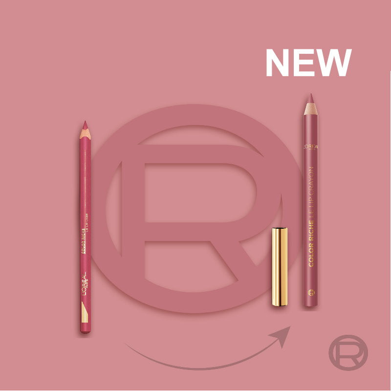 L'Oreal Paris Color Riche Le Lip Crayon Lip Liner  - Two lip pencils and a case on a pink background with a brand logo.