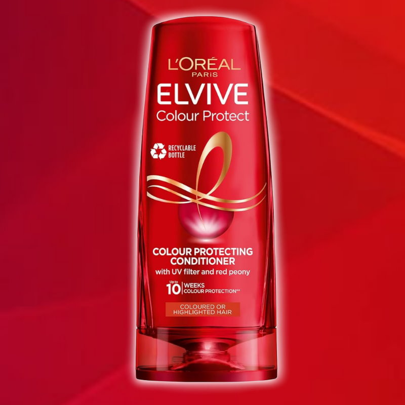 A bottle of L'Oréal Paris Elvive Colour Protect Colour Protecting Conditioner, featuring a vibrant red bottle with gold and white text, set against a matching red background. - L'Oreal Paris Elvive Colour Protect Conditioner 300ml