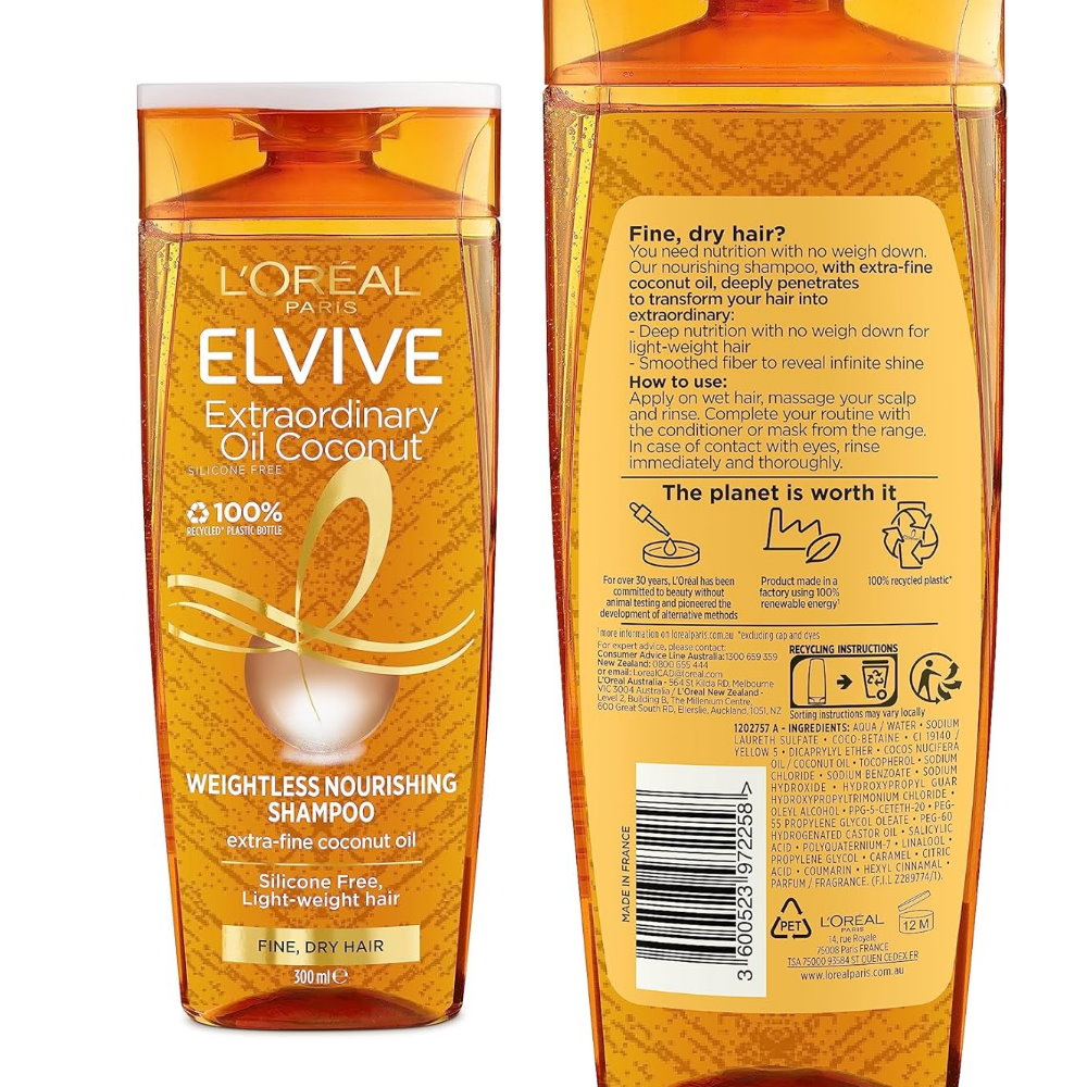 3x L'Oreal Paris Elvive Extraordinary Oil Coconut Shampoo 300ml