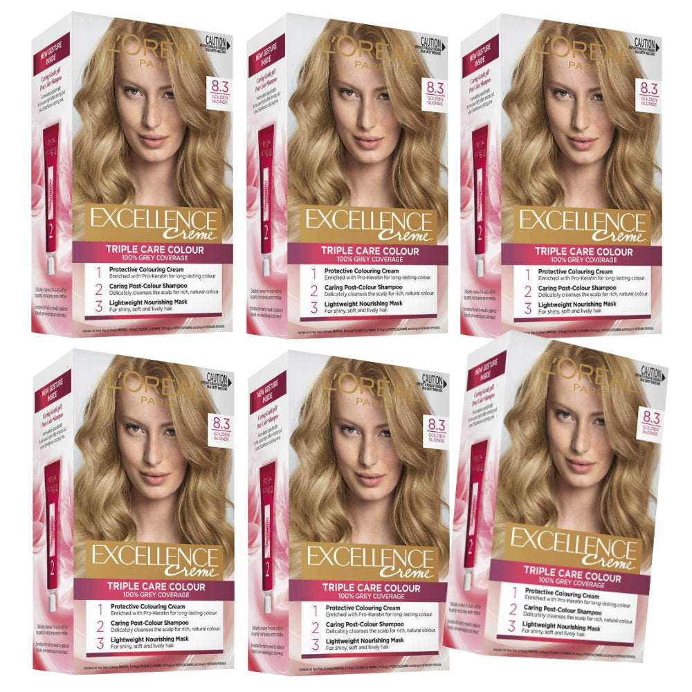 6x L'Oreal Paris Excellence Crème Permanent Hair Colour 8.3 Golden Blonde