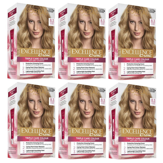 6x L'Oreal Paris Excellence Crème Permanent Hair Colour 8.3 Golden Blonde