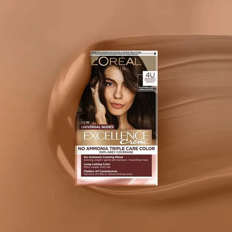 6x L'Oreal Paris Excellence Creme Universal Nudes Hair Colour 4U Brown