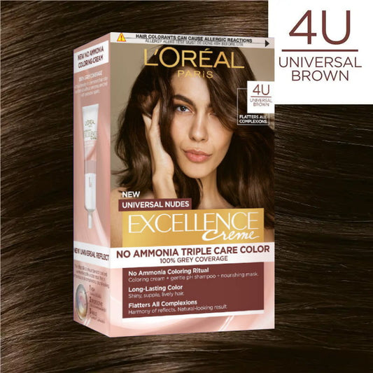 L'Oréal Paris Excellence Creme 4U Universal Brown hair dye box shown on a dark brown hair background, with a large '4U UNIVERSAL BROWN' label in the top right.