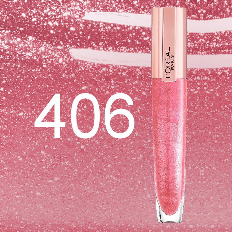 L'Oréal Paris Lip Glazed liquid lipstick in shade 406, featuring a shimmering pink product inside a rose gold cap, set against a glittery pink background Discover why The Makeup Australia Group is the capital of cosmetics in Australia.
