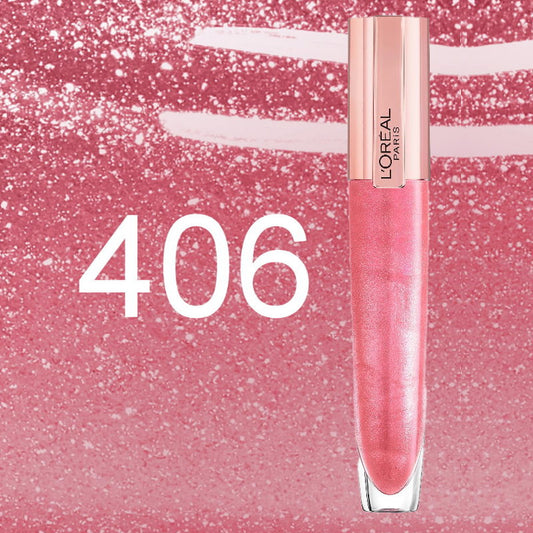 L'Oréal Paris Lip Glazed liquid lipstick in shade 406, featuring a shimmering pink product inside a rose gold cap, set against a glittery pink background Discover why The Makeup Australia Group is the capital of cosmetics in Australia.
