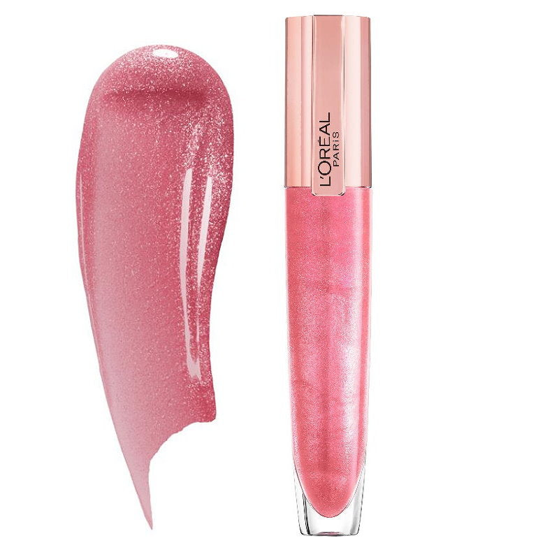 L'Oréal Paris Lip Glazed liquid lipstick in a shimmering pink shade, shown in its clear tube with a rose gold cap next to a matching pink glitter swatch on a white background. L'Oreal Paris Glow Paradise Plumping Lip Gloss - 406 I Amplify