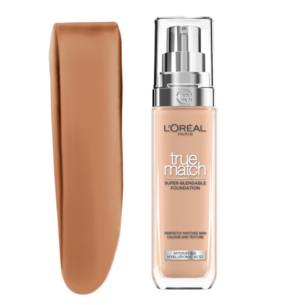 L'Oreal True Match foundation bottle with a matching shade stick on a white background