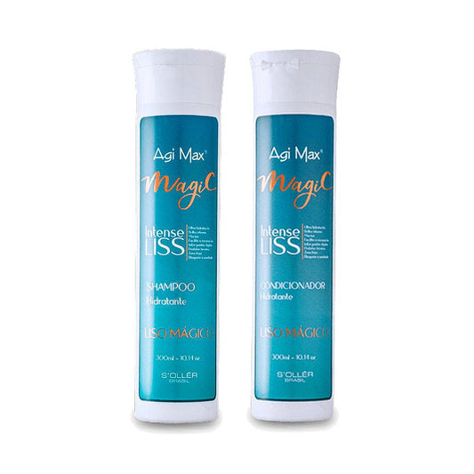 Two bottles of Agi Max Magic Intense Liss shampoo and conditioner on a white background - Makeup Warehouse Australia