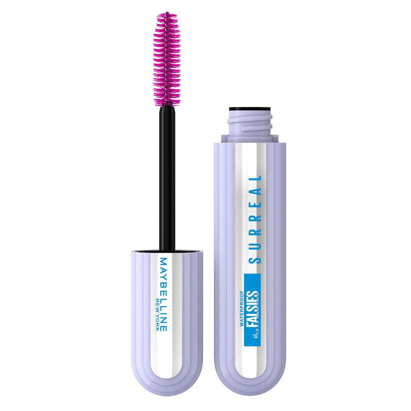 Maybelline Surreal Falsies mascara with purple bristle brush on a white background