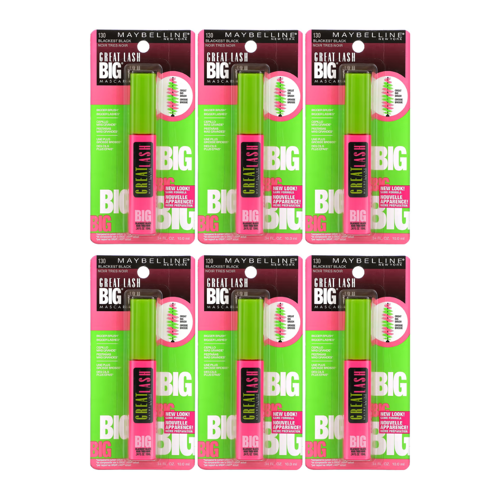 6x Maybelline Great Lash Big Mascara 10ml 130 Blackest Black