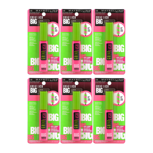 6x Maybelline Great Lash Big Mascara 10ml 130 Blackest Black