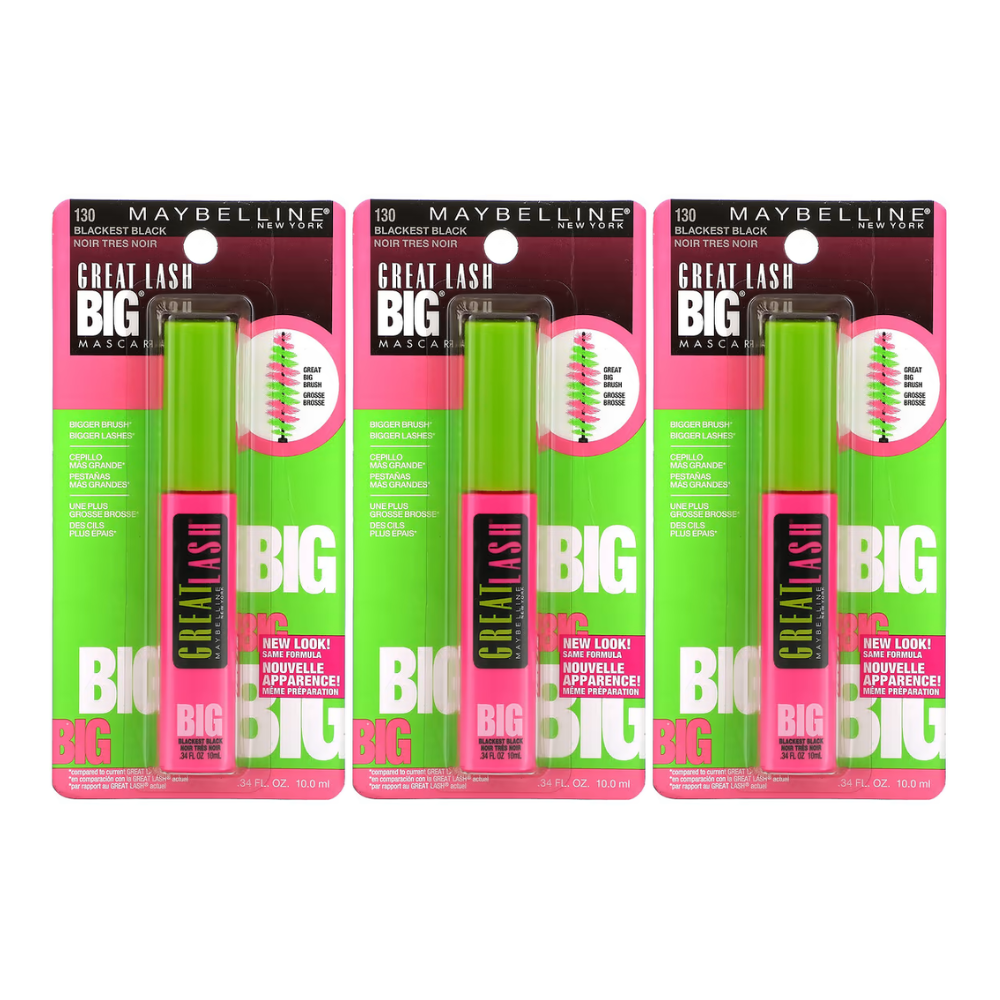 3x Maybelline Great Lash Big Mascara 10ml 130 Blackest Black