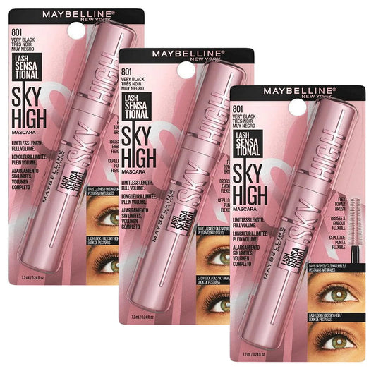 3x Maybelline Lash Sensational Sky High Washable Mascara 7.2ml 801 Very Black (carded)