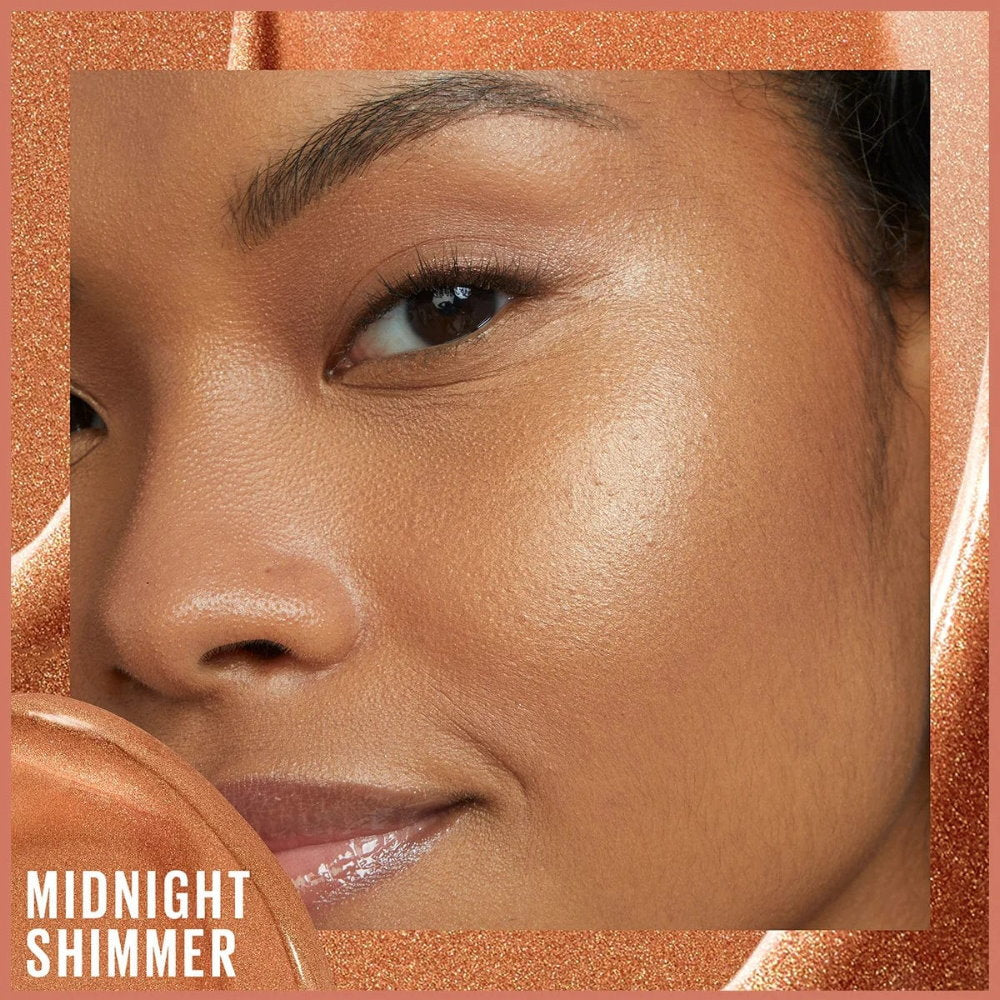 Close-up of a person's face with 'Midnight Shimmer' product, featuring a warm bronze color.