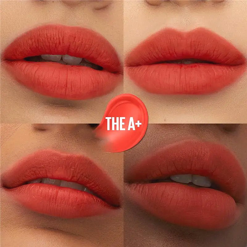 Collage of red lipstick on lips with 'THE A+' label.
