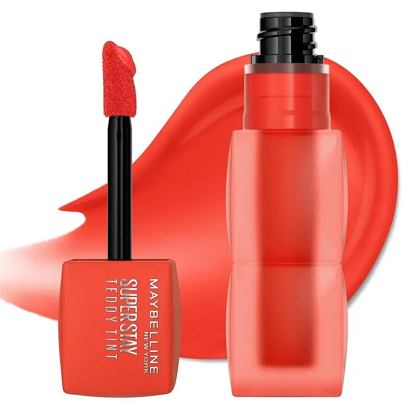 Maybelline Superstay Teddy Tint lip product with applicator on a white background