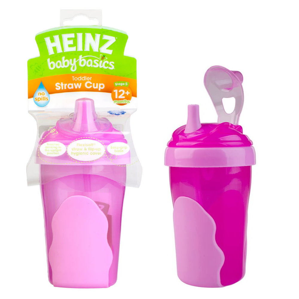 3pk Heinz Baby Basics Toddler Straw Cup 12m+ 280ml Green Blue Pink - Toddler Bottles