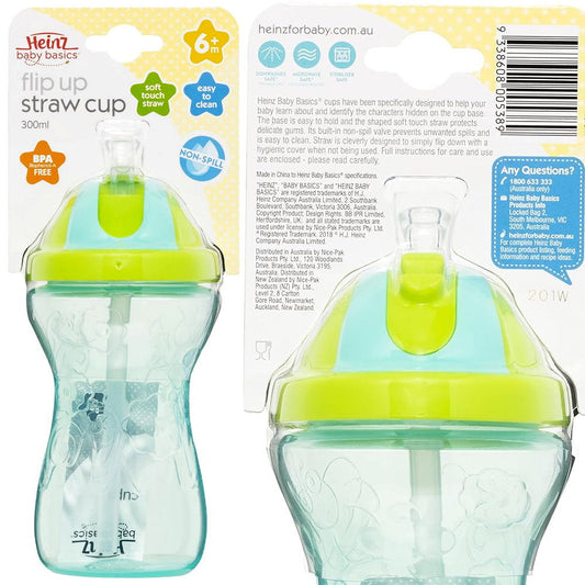 3pk Heinz Baby Basics Flip Up Straw Cup 300mL Blue Pink Purple - Makeup Warehouse Australia