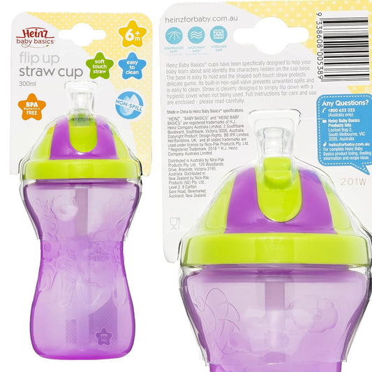 Heinz Baby Basics Flip Up Straw Cup Purple 6m 300mL - Makeup Warehouse Australia