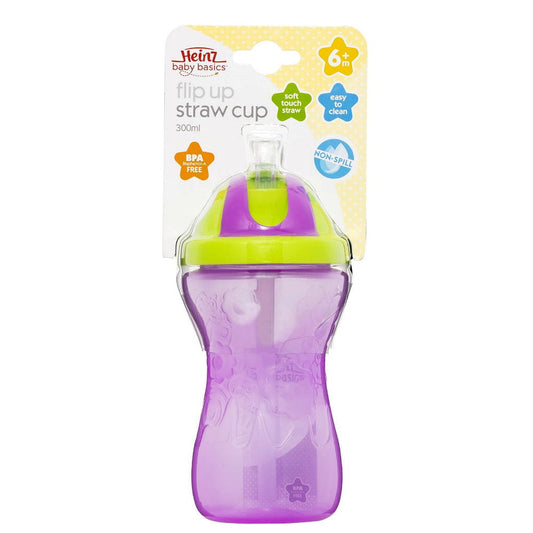 Heinz Baby Basics Flip Up Straw Cup Purple 6m 300mL - Makeup Warehouse Australia