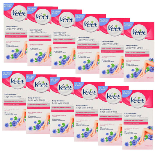 12x Veet Easy Gel Legs and Body Wax Strips Almond Oil 20 Pack