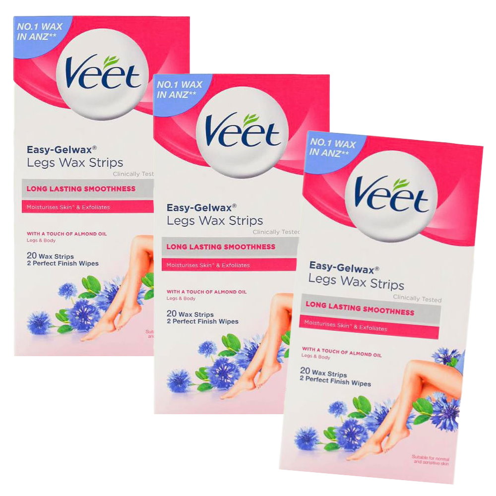 3x Veet Easy Gel Legs and Body Wax Strips Almond Oil 20 Pack