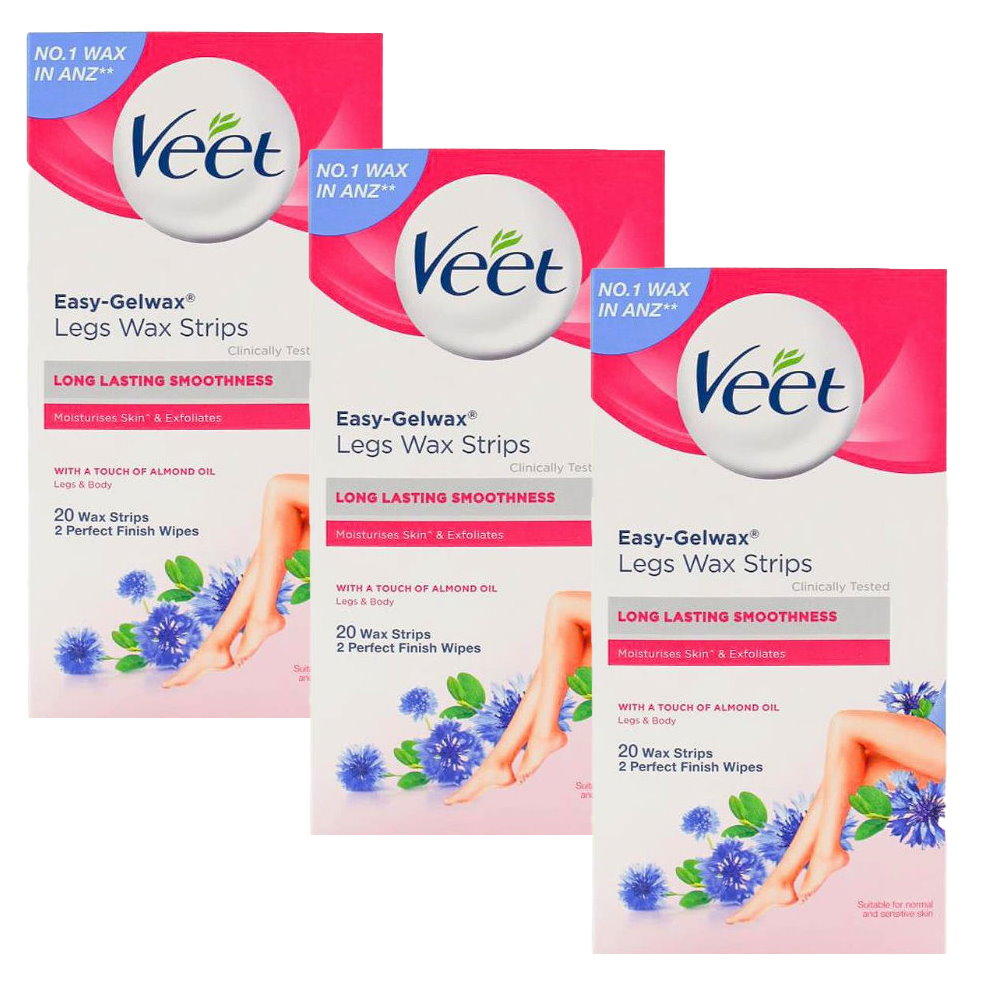 3x Veet Easy Gel Legs and Body Wax Strips Almond Oil 20 Pack