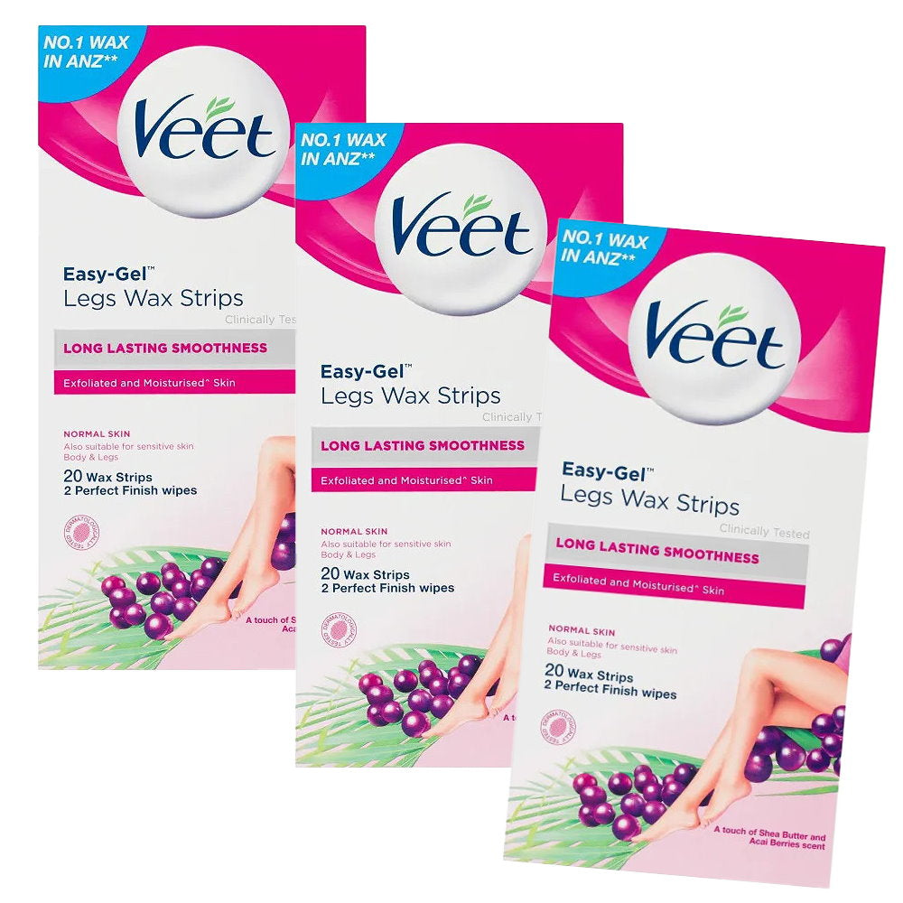 3x Veet Easy Gel Legs and Body Wax Strips Shea Butter and Acai Berries 20 Pack