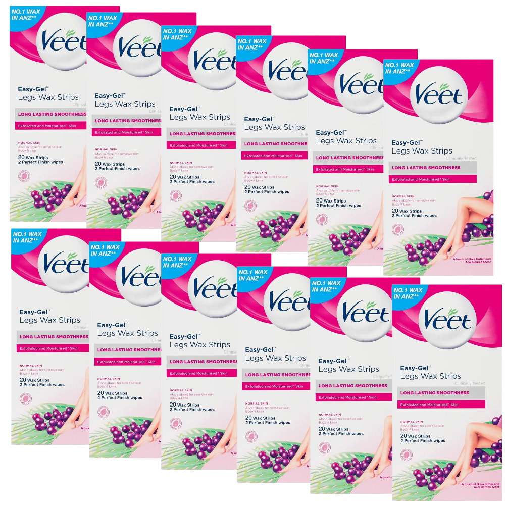 12x Veet Easy Gel Legs and Body Wax Strips Shea Butter and Acai Berries 20 Pack