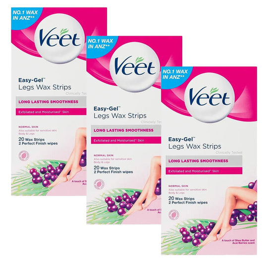 3x Veet Easy Gel Legs and Body Wax Strips Shea Butter and Acai Berries 20 Pack