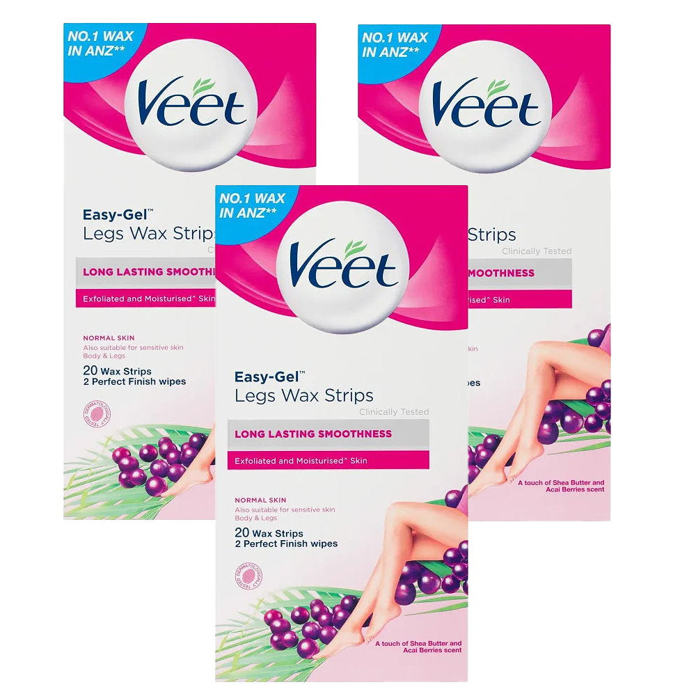 3x Veet Easy Gel Legs and Body Wax Strips Shea Butter and Acai Berries 20 Pack