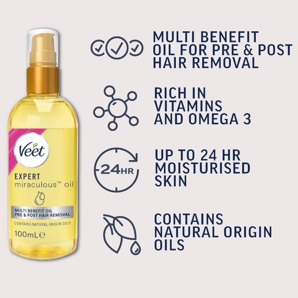 Veet Expert Miraculous Oil for Pre and Post Wax and Depilatory Hair Removal 100ml Expiry 30/03/2025