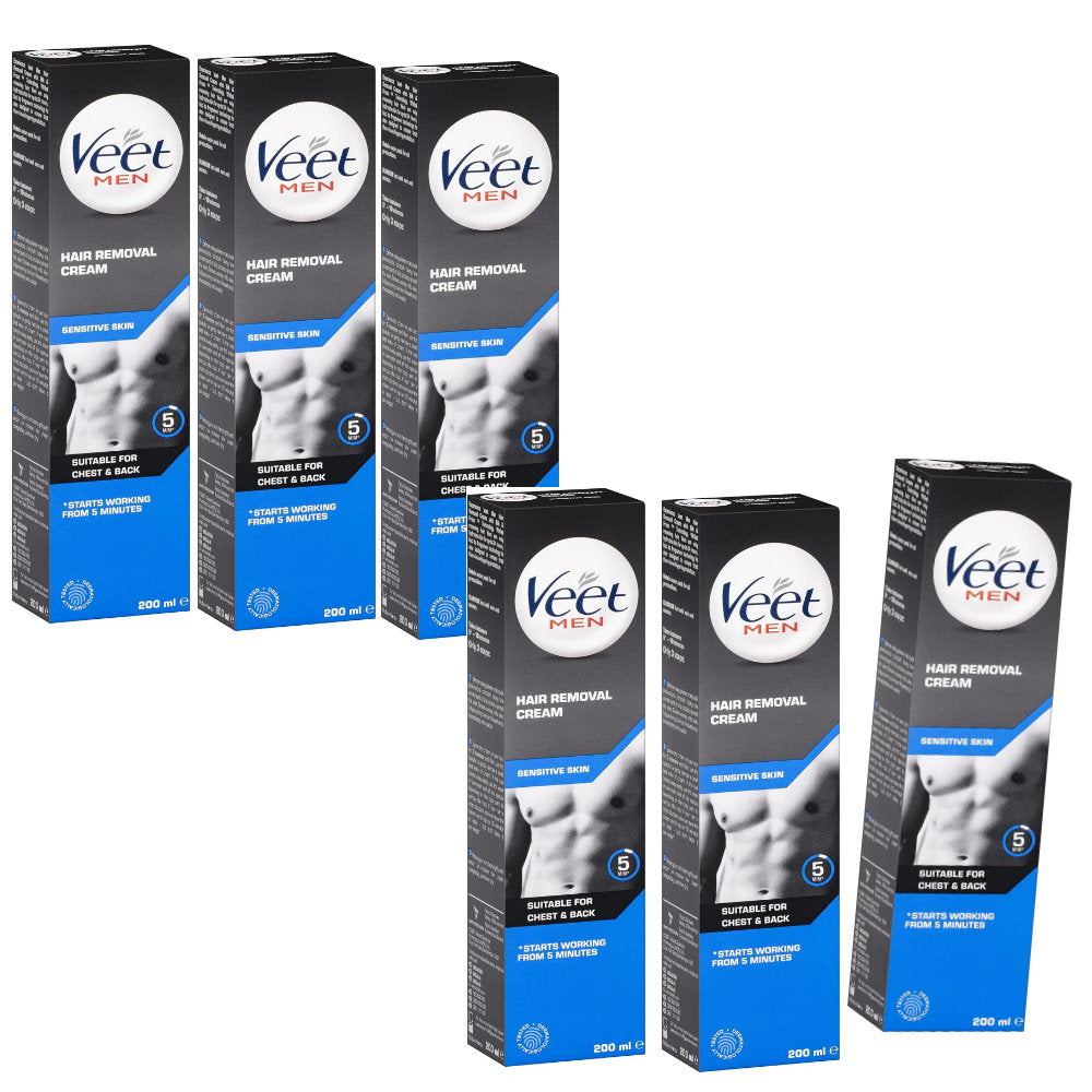 6x Veet Men Hair Removal Cream Sensitive Skin Chest and Back 200ml EXPIRY 04/2025