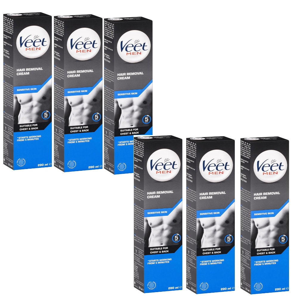 6x Veet Men Hair Removal Cream Sensitive Skin Chest and Back 200ml EXPIRY 04/2025