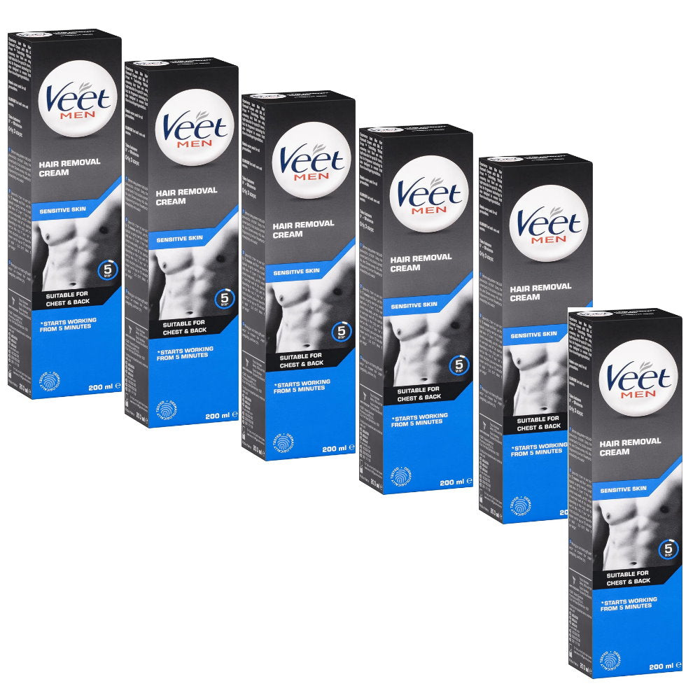 6x Veet Men Hair Removal Cream Sensitive Skin Chest and Back 200ml EXPIRY 04/2025