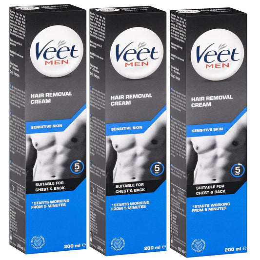 3x Veet Men Hair Removal Cream Sensitive Skin Chest and Back 200ml EXPIRY 04/2025