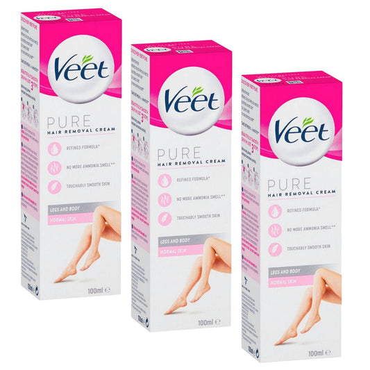 3x Veet Pure Hair Removal Cream Legs And Body Normal Skin 100ml